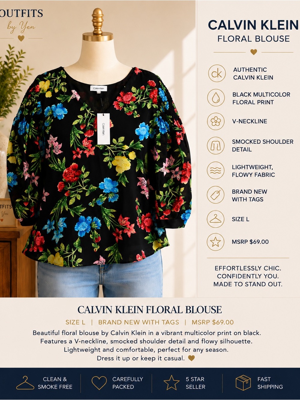 Calvin Klein Black Floral V-Neck Blouse with Multicolor Blooms